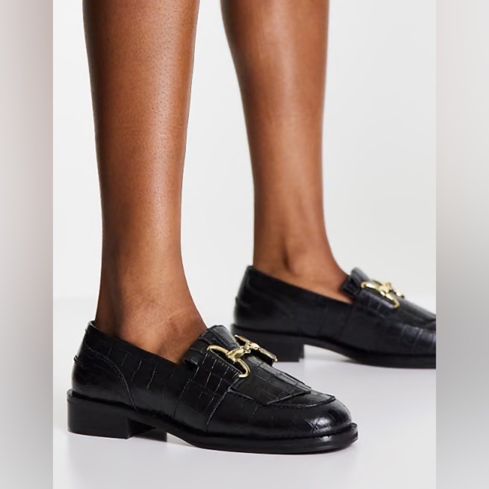 ASOS DESIGN Mortice leather fringe loafers in black croc NWT